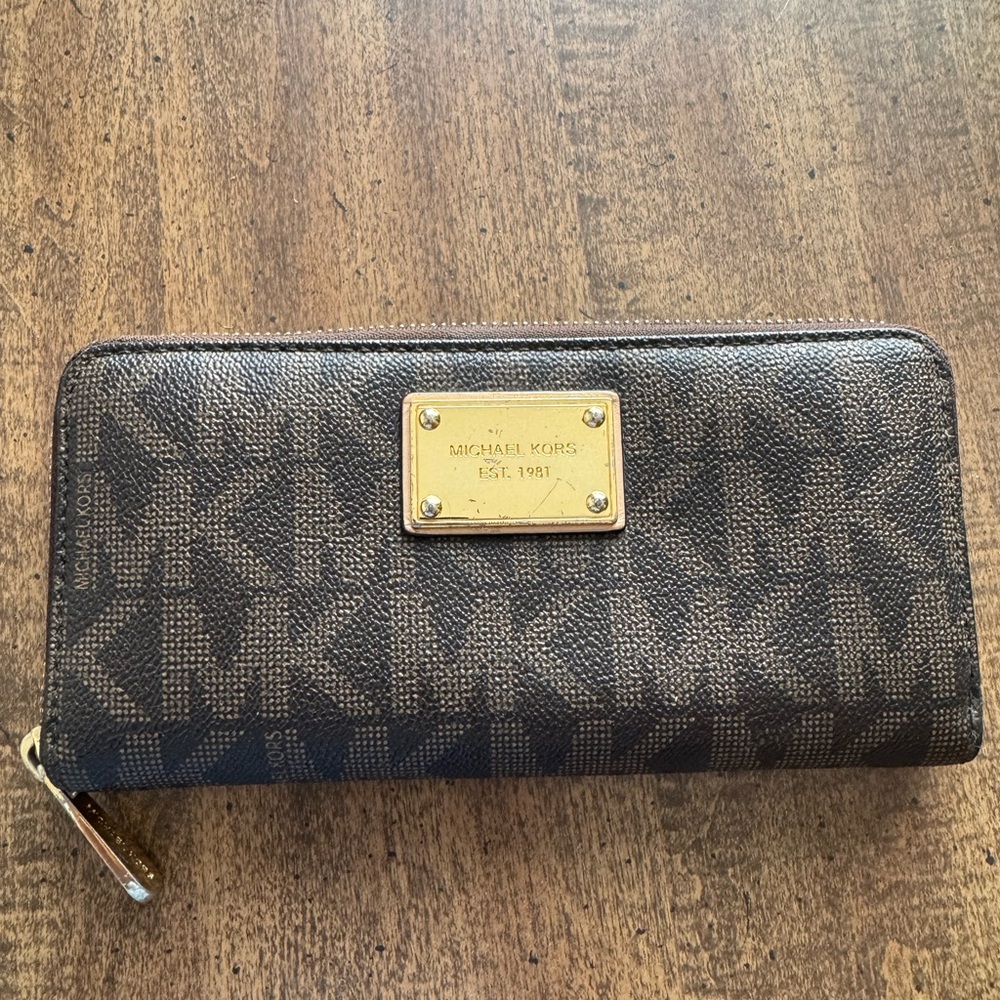 Michael Kors Dark Brown MK Logo Zip-Around Wallet with Gold Plaque